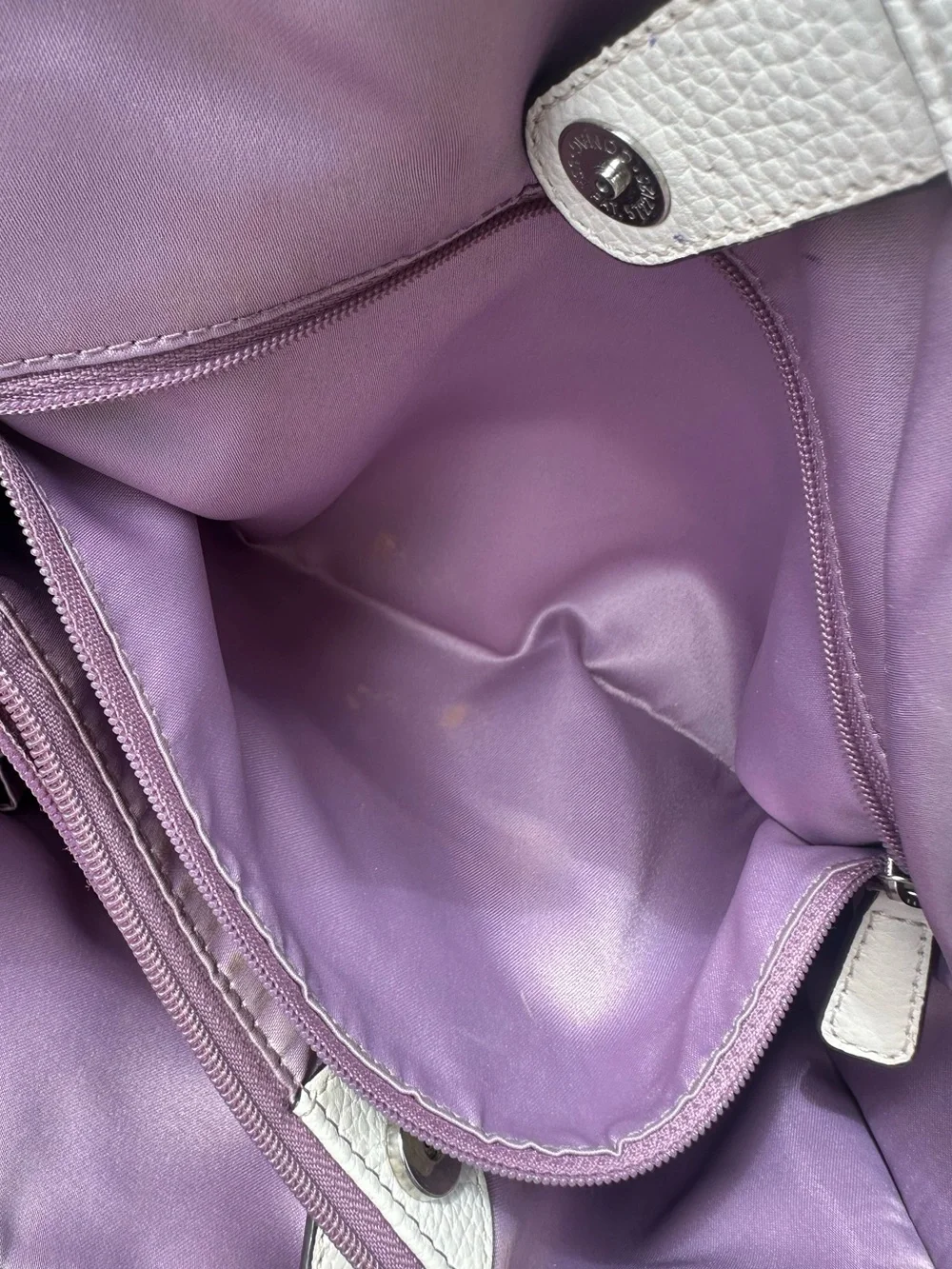 Coach Penelope pebbled leather purse in tan and cream w/ turn lock front pocket